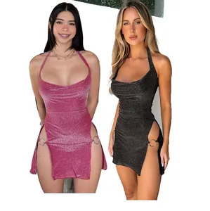 Women Sleeveless Halter Neck Sling Sexy Hip-covering Dress High Slit Ring Sparkle Nightclub Party Flirt Mini Short Dresses