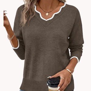 Suéter Casual de Otoño Invierno para Mujer, Suéter Minimalista Elegante de Color Sólido con Cuello de Encaje, Capa Base de Punto - Product Image 3