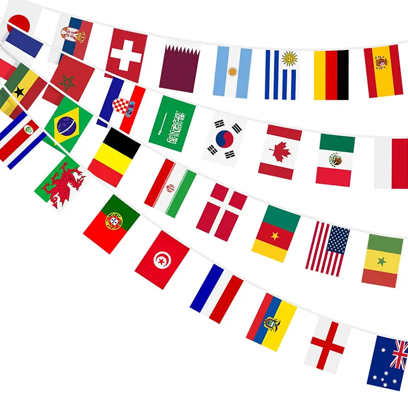 Atacado Personalizado Qatar Mundo 32 Países Bandeira Bunting 14x21cm String Flags