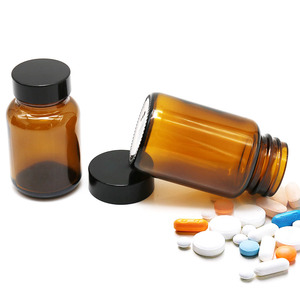 Bouteilles <span class=keywords><strong>en</strong></span> verre <span class=keywords><strong>de</strong></span> différentes tailles, <span class=keywords><strong>de</strong></span> forme ronde, pour emballages médicaux, médicaments, vitamines, comprimés, poudres, suppléments, capsules, médicaments, avec bouchons - Product Image 3