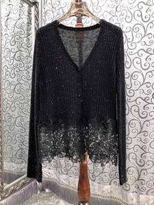 2025 autunno <span class=keywords><strong>cardigan</strong></span> alla moda di alta qualità maglia in misto lana da donna Sexy con scollo a V in pizzo ricamato Patchwork a maniche lunghe maglioni - Product Image 2