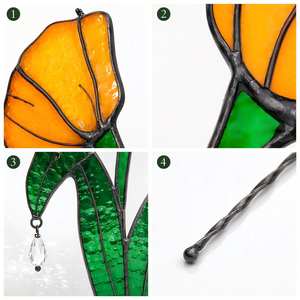 Décoration <span class=keywords><strong>de</strong></span> jardin personnalisée faite à la main - Style verre teinté Pavot <span class=keywords><strong>de</strong></span> <span class=keywords><strong>Californie</strong></span> - <span class=keywords><strong>Pot</strong></span> <span class=keywords><strong>de</strong></span> fleurs orange - Perles <span class=keywords><strong>de</strong></span> cristal - Product Image 5