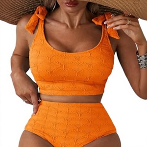 Women's Orange Textured Bikini Set Scoop Neck High Waist Two Piece Swimwear With Ruffle Straps Stretch Spandex Polyester - Product Image 1