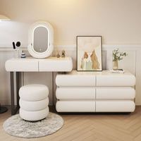 Coiffeuse moderne en bois massif beige style crème – Bureau de maquillage haut de gamme pour chambre et appartement avec coffre de rangement intégré