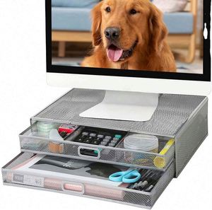 Metal Mesh Monitor Riser Desktop Stand with <b>Storage</b> Drawers <b>for</b> <b>Computer</b> Laptop LED LCD OLED Flat Screen Display and Printer - Product Image 3
