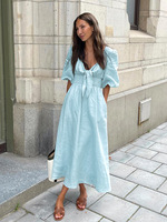 2023 été nouveau français élégant longue robe sexy coupe basse col en v bulle manches taille haute coton lin robe