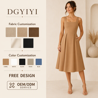 Robe Midi en Coton Doux à Col Carré Sans Manches Coupe Évasée pour Femme, Couleur Camel, Décontractée, Personnalisable avec Logo OEM, Vente en Gros
