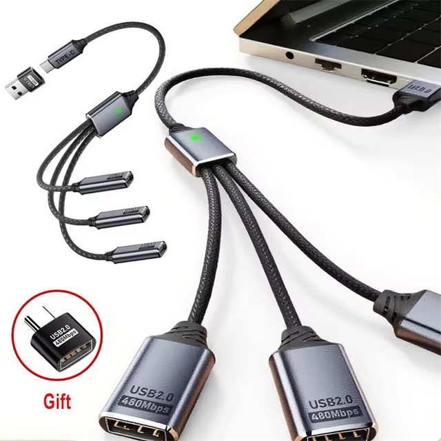 3-in-1 USB/Type C Splitter HUB Expansion Cable Multi-Port USB2.0 Fast Charging/Transfer Phone Charger Power OTG Adapter Cable