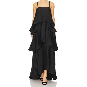 <span class=keywords><strong>Robe</strong></span> longue noire fluide et ample à bretelles spaghetti, col carré et volants étagés pour femme - Fournisseur vérifié de Chine - Product Image 1