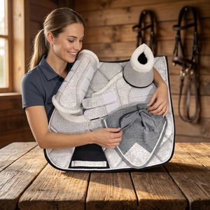 Ensemble de tapis de selle de dressage tout usage en coton respirant avec doublure en polaire et insert en maille gris et blanc - Product Image 2