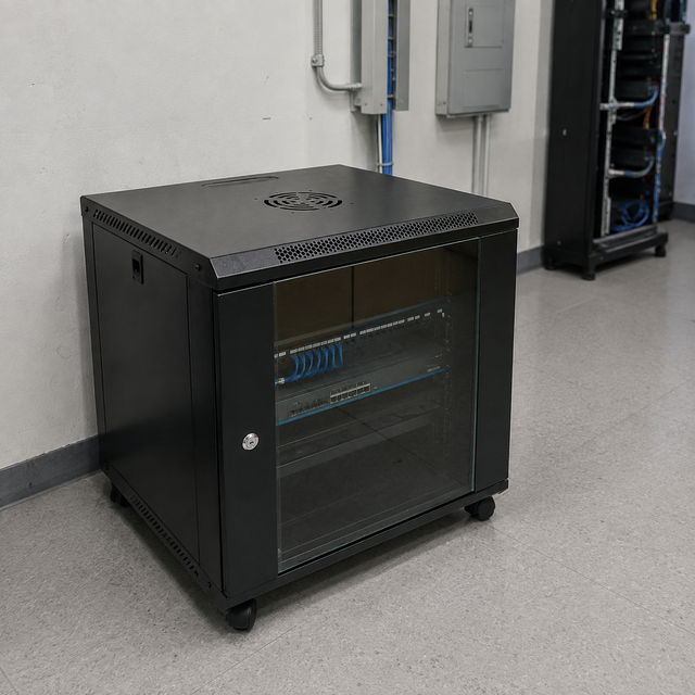 12U Black Network Rack Cabinet 530x400x600mm Floor Standing Cold Rolled Steel Server Enclosure for Offices Data Center Use Stock