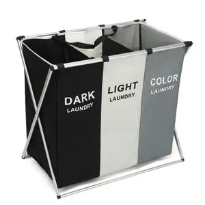 3 Section Bathroom Home Dirty Cloth Collapsible Foldable Laundry Basket Storage Basket Hamper With Aluminum Frame