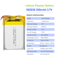Batterie Li-Polymère 502030 3.7V 250mAh Batterie Li-Polymère Personnalisée 602030 702030 802030 902030 Approuvée KC CE RoHS