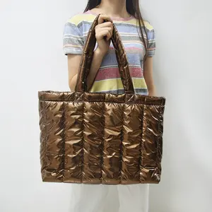 Latest Fashion Metallic Nylon Fabric Winter Ladies Hand Bags 2023 Women Female Quilted Puffer Luxury Tote Bag Set