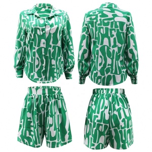 J0188 Ensemble d'<span class=keywords><strong>été</strong></span> tendance pour <span class=keywords><strong>femme</strong></span> : chemise ample à manches longues imprimée et short décontracté – Ensemble deux pièces pour <span class=keywords><strong>femme</strong></span> - Product Image 4