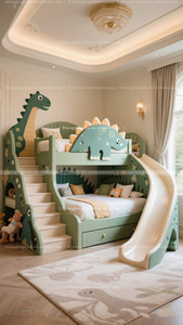 Letto a soppalco a tema dinosauro, letto a castello per bambini, design lussuoso e creativo per la cameretta dei bambini, personalizzazione con scivolo e libreria - Product Image 5