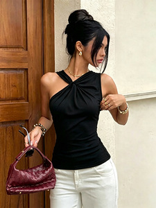 T-shirt sans manches à épaules torsadées pour femmes, style européen et américain, avec taille plissée et couleur unie. - Product Image 2