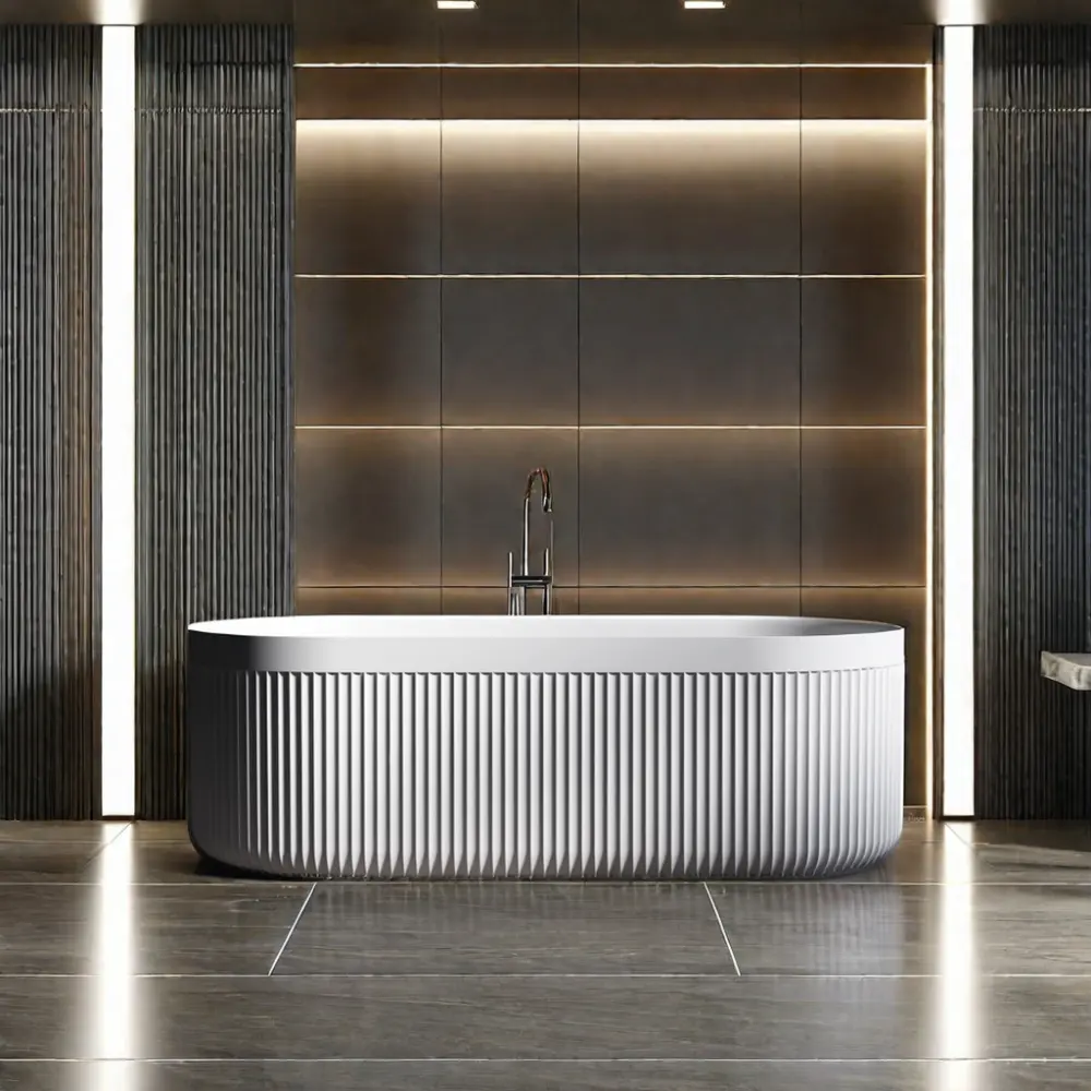 樹脂石溝付き浴槽白い複合石自立型浴槽モダンなデザイン固体表面浴槽