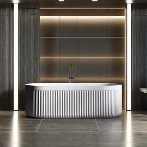 Bak mandi bergalur batu Resin, bak mandi berdiri bebas batu komposit putih, desain modern permukaan padat