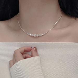 S925 Pure <b>Silver</b> Natural Freshwater <b>Pearl</b> <b>Necklace</b> Versatile High-End Collarbone Design Gentle Niche with Crushed <b>Silver</b> Detail - Product Image 3