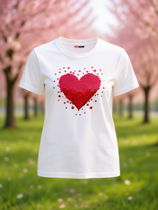 T-Shirt da Donna in Puro Cotone, Vestibilità Regolare, Manica Corta, Collo Tondo, Stampa Cuore Grande, Casual, Primavera-Estate, Tessuto Lavorato a Maglia - Product Image 2