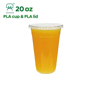 20oz 600ml şeffaf pla özel plastik biyobozunur şeffaf çevre dostu 20oz tek kullanımlık bardak buz kahve fincanı kapaklı