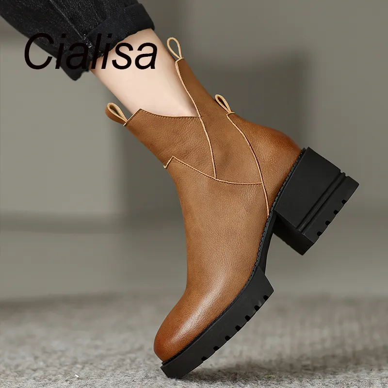 Cialisa Brown Black Lady Platform Chunky High Heels Shoes Round Toe Concise Short Ankle Autumn Winter Women's Boots