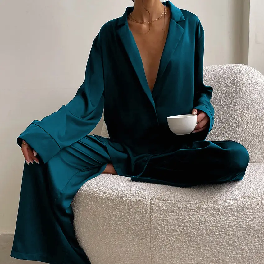 편안한 실크 느슨한 홈 의류 팜므 패션 와이드 레그 스타일 여성 라운지웨어 세트 캐주얼 2pc 투피스 잠옷