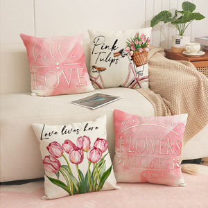 Popular Design Pink Tulip <strong>Letter</strong> Printed Throw Pillowcase Decorative <strong>Cushion</strong> Cover for Indoor Home Sofa - Product Image 6