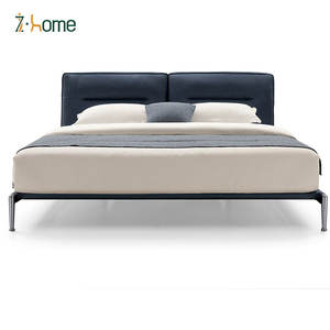 Cama tapizada de cuero genuino Diseño lineal Marco de cama ligero Dos cojines Cabecero Lacado Camas con funda - Product Image 4