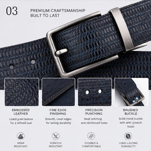 <span class=keywords><strong>Ceinture</strong></span> en <span class=keywords><strong>cuir</strong></span> <span class=keywords><strong>bleu</strong></span> <span class=keywords><strong>marine</strong></span> à imprimé lézard pour <span class=keywords><strong>homme</strong></span>, personnalisable, avec boucle en métal mat - Product Image 4