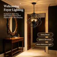 Lampu Gantung Cincin Bulat Hitam, Lampu Chandelier Kandang 4 Lampu Modern untuk Ruang Tamu, Ruang Makan & Foyer