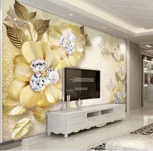 2023 3D奢华黄金珠宝钻石花电视背景墙3D客厅壁纸