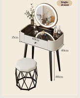Table de toilette moderne avec plateau en marbre, double tiroirs et miroir LED rond pour chambre à coucher, dortoir, chambre d'amis