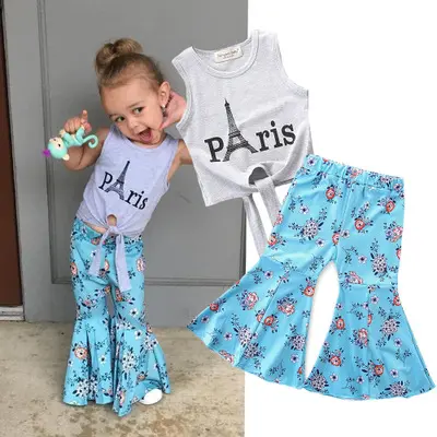 2020 Bambini di Usura Alla Moda Senza Maniche Grigio Lettera T-Shirt + Blu Chiarore Della Stampa Dei Pantaloni Delle Ragazze Fancyset Little Miss donna Vestiti Delle Ragazze