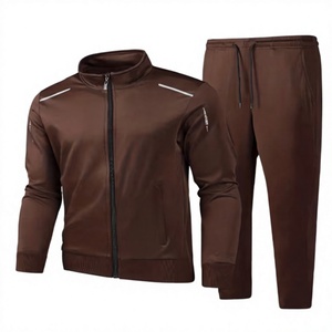 Survêtement marron pour homme, coupe droite, couleur unie, col montant, fermeture éclair, décontracté, automne, polyester, poches latérales - Product Image 1