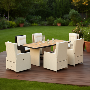Ensemble de salle à manger de jardin en rotin blanc crème et noir, 6 places, mobilier d'extérieur résistant aux intempéries, design contemporain, plateau en teck - Product Image 2