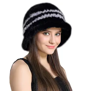 Hand Knit Hoed Bloemen Luxe Boutique Head Uitloper Real Mink Fur Vrouwen Emmer Hoed