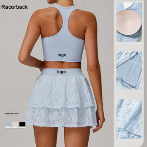 Set pakaian olahraga wanita, setelan 2 potong pakaian olahraga tenis, rok renda, Bra Racerback, celana pendek bawaan, pakaian olahraga - Product Image 2