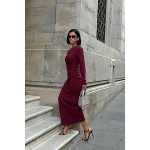 V-Neck Burgundy Long Sleeve <b>Casual</b> <b>Dress</b> with Natural Waist Accessory Detail A-Line Maxi Length for Winter - Product Image 1