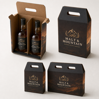 Boîte cadeau personnalisée en carton ondulé E-Flute pour deux bouteilles de whisky avec séparateur central, poignée découpée et impression couleur intégrale