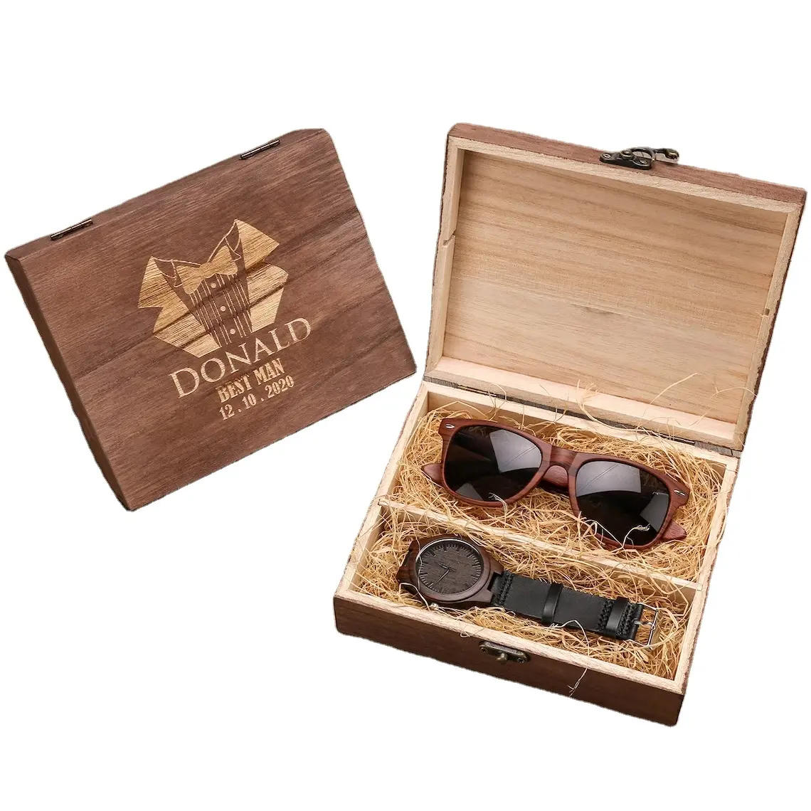 JUNJI Set Hadiah Pengiring Mempelai Pria, Arloji Kayu Personalisasi & Kacamata Hitam Dalam Kotak Hadiah Pengiring Pria Kayu (Hanya Kotak)