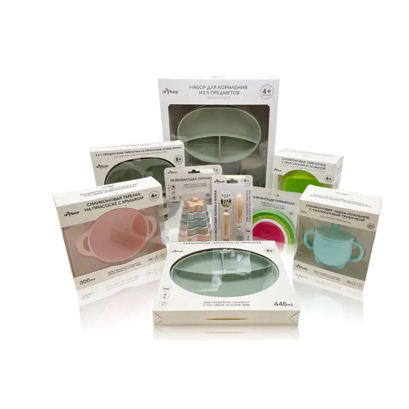 Hot Selling Baby Bib Coated Paper Liner Silicone Plate Clear Plastic Box Window Matt Lamination Folded Pacifier Packaging