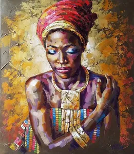 Pintura gruesa hecha a mano <span class=keywords><strong>para</strong></span> decoración del hogar, pintura al óleo pintada a mano, retrato de figura, lienzo de mujer africana, arte de pared, pintura colgante - Product Image 3