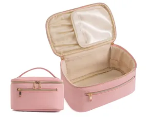 Taşınabilir büyük kapasiteli çevre dostu yumuşak PU deri makyaj çantası çift fermuar makyaj çantası