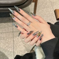 Lot de 10 faux ongles longs stiletto gothiques punk 3D avec crâne et strass, faits à la main, pour Halloween, vente en gros
