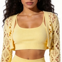 Ensemble deux pièces en tricot jaune beurre ajouré pour femme : Boléro et débardeur – Style doux et épicé – Ropa De Mujer
