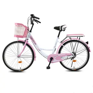 女性ピンク28サイズハイブリッドシティ自転車28インチシングルスピードレディバイクバスケット付きアルミニウムヴィンテージビーチクルーザー自転車アーバン
