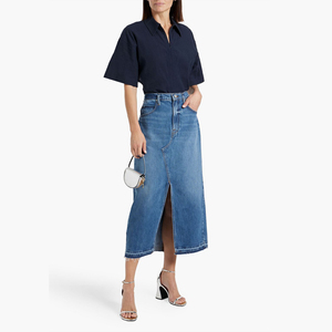 All'ingrosso personalizzato con bottone frontale Casual lungo lungo con volant sirena <span class=keywords><strong>a</strong></span> vita alta da donna Maxi <span class=keywords><strong>gonna</strong></span> in Denim <span class=keywords><strong>a</strong></span> coda di pesce - Product Image 2