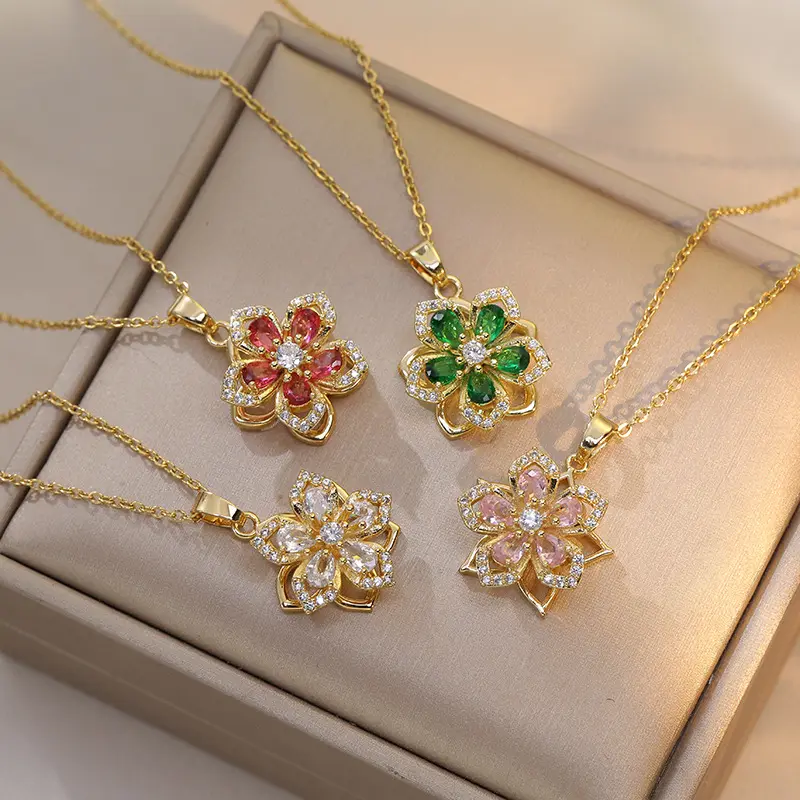 Hochwertige individuelle Zirkon-Kristall-Diamantskette Luxus Goldblume rotierende Edelstahl-Halskette Schmuck für Damen